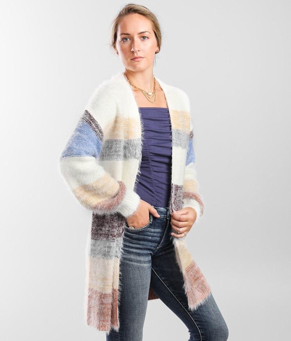 BUCKLE BLACK Cream Blue Eyelash Colorblock Knit Cardigan Sweater size Large